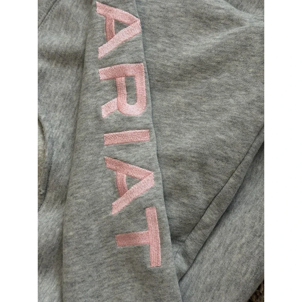 Ariat Women's Gray Fleece Pink Logo Pullover Sweatshirt Western See Measurements